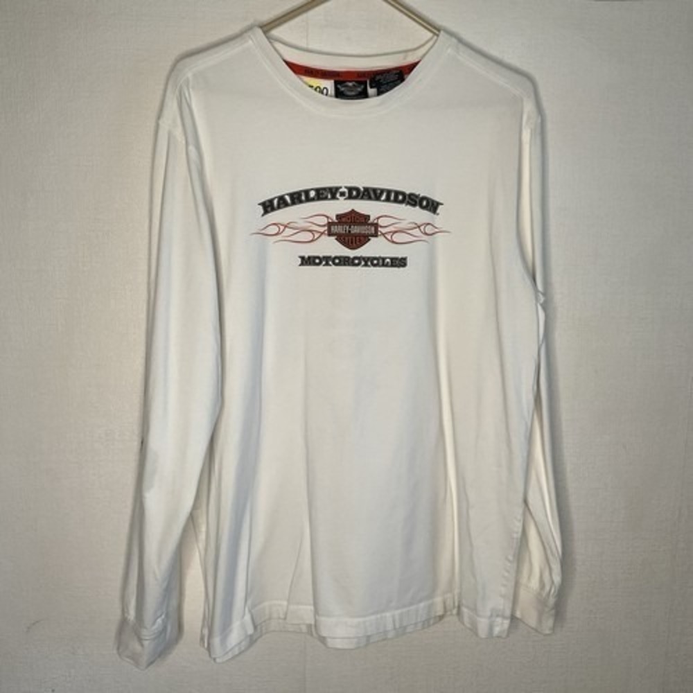 VTG Harley-Davidson Flames White Logo Long Sleeve T-Shirt Men XL China